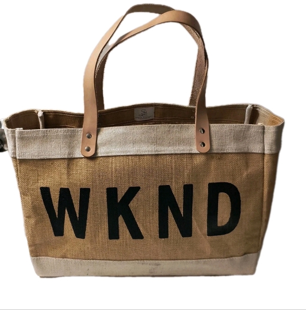 Santa Barbara Design Studio Jute WKND Tote Bag Leather Handles Large Market EUC